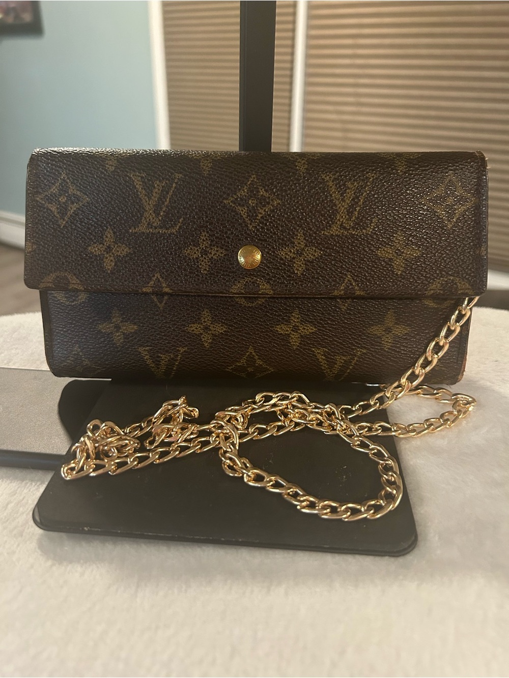 Louis Vuitton Monogram Canvas Clutch with Gold Chain